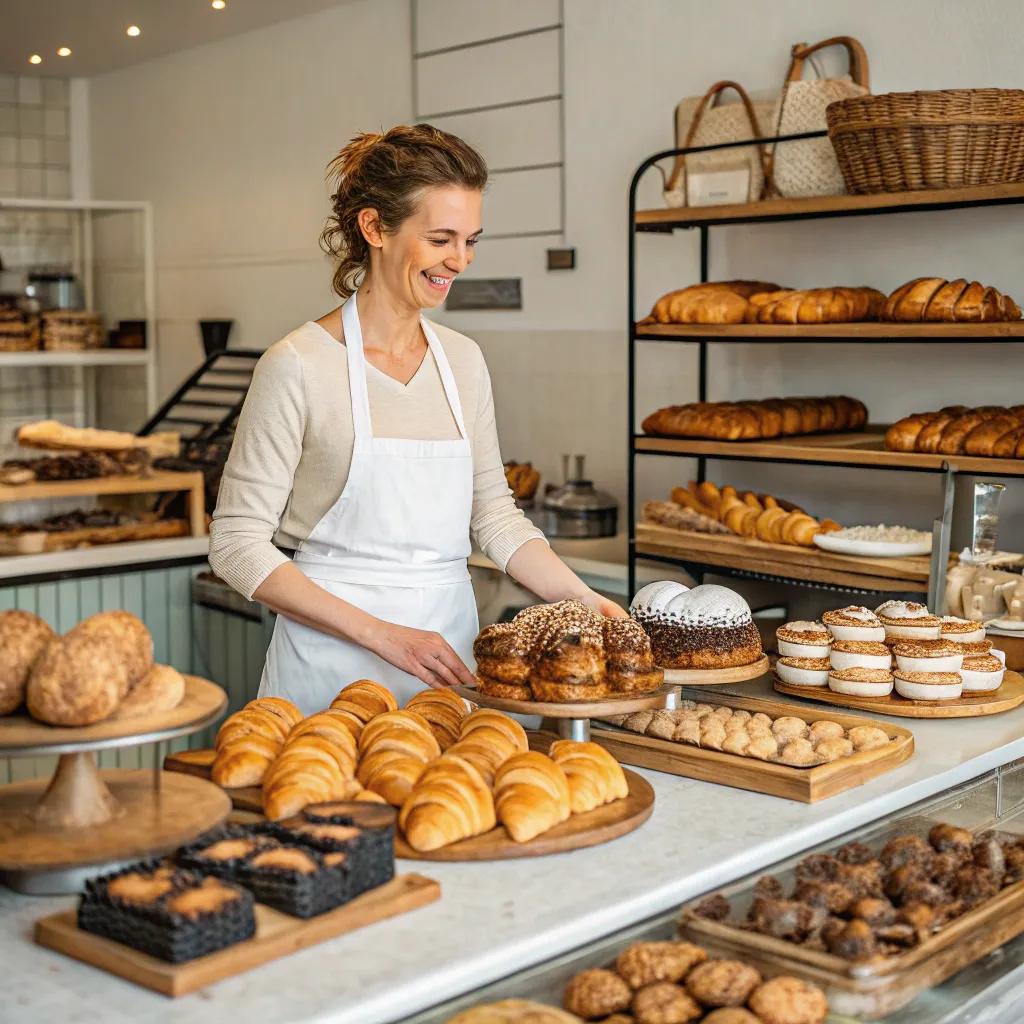 Emma in her bakery surrounded by pastries